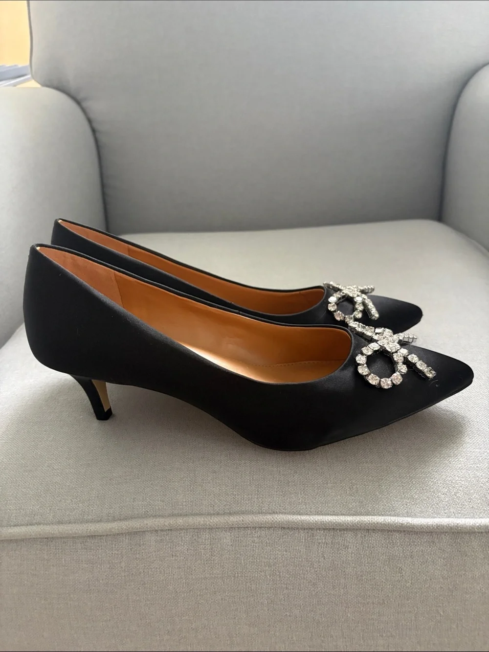 Jcrew Black Satin Pointed Toe Kitten Heels with Crystal Bow Accent